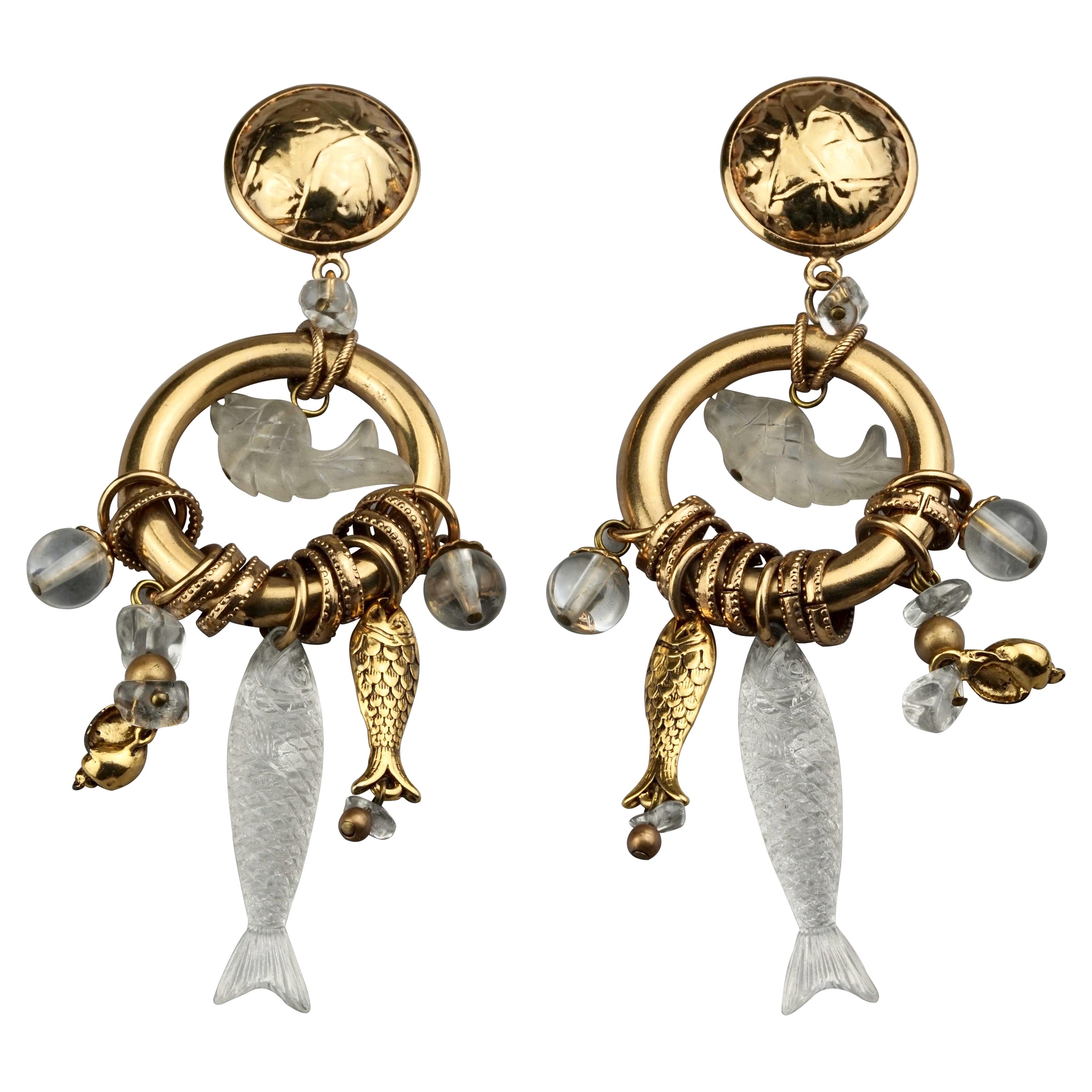 Vintage ZOE COSTE Lucite Fish Sea Shells Charm Dangling Earrings