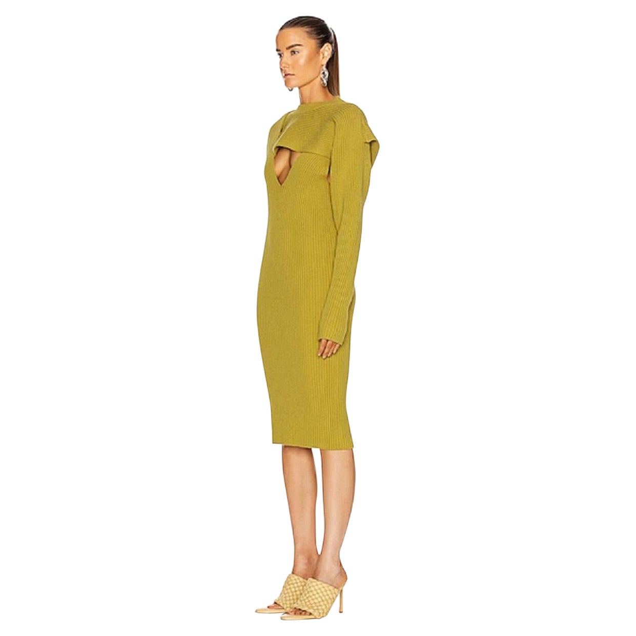 Bottega Veneta Mustard Yellow Ribbed Knitted Cutout Dress - US 6 For Sale