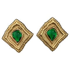 Vintage JEAN LOUIS SCHERRER Green Cabochon Textured Inverted Square Earrings