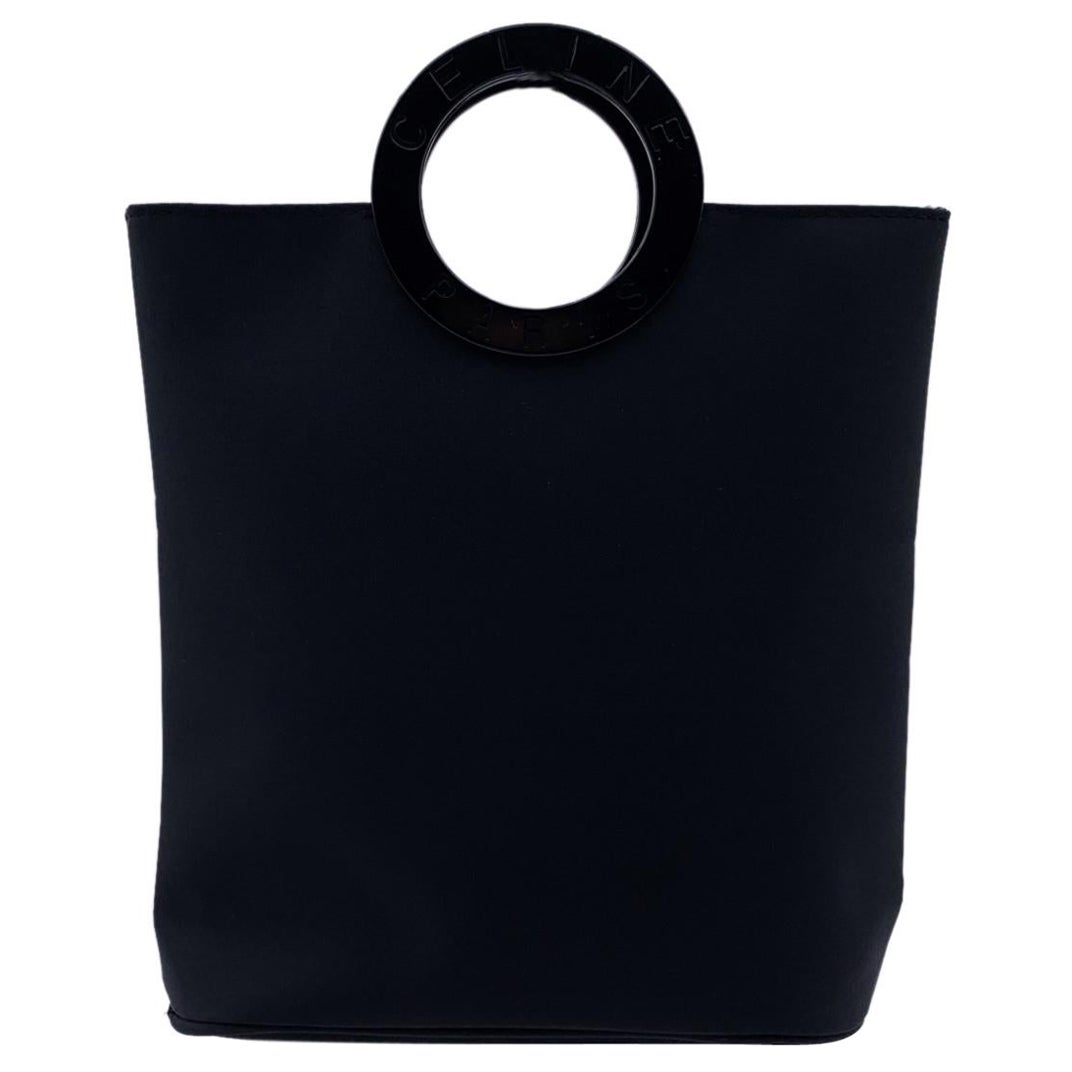 Celine Black Satin Small Tote Handbag Evening Bag Round Handles