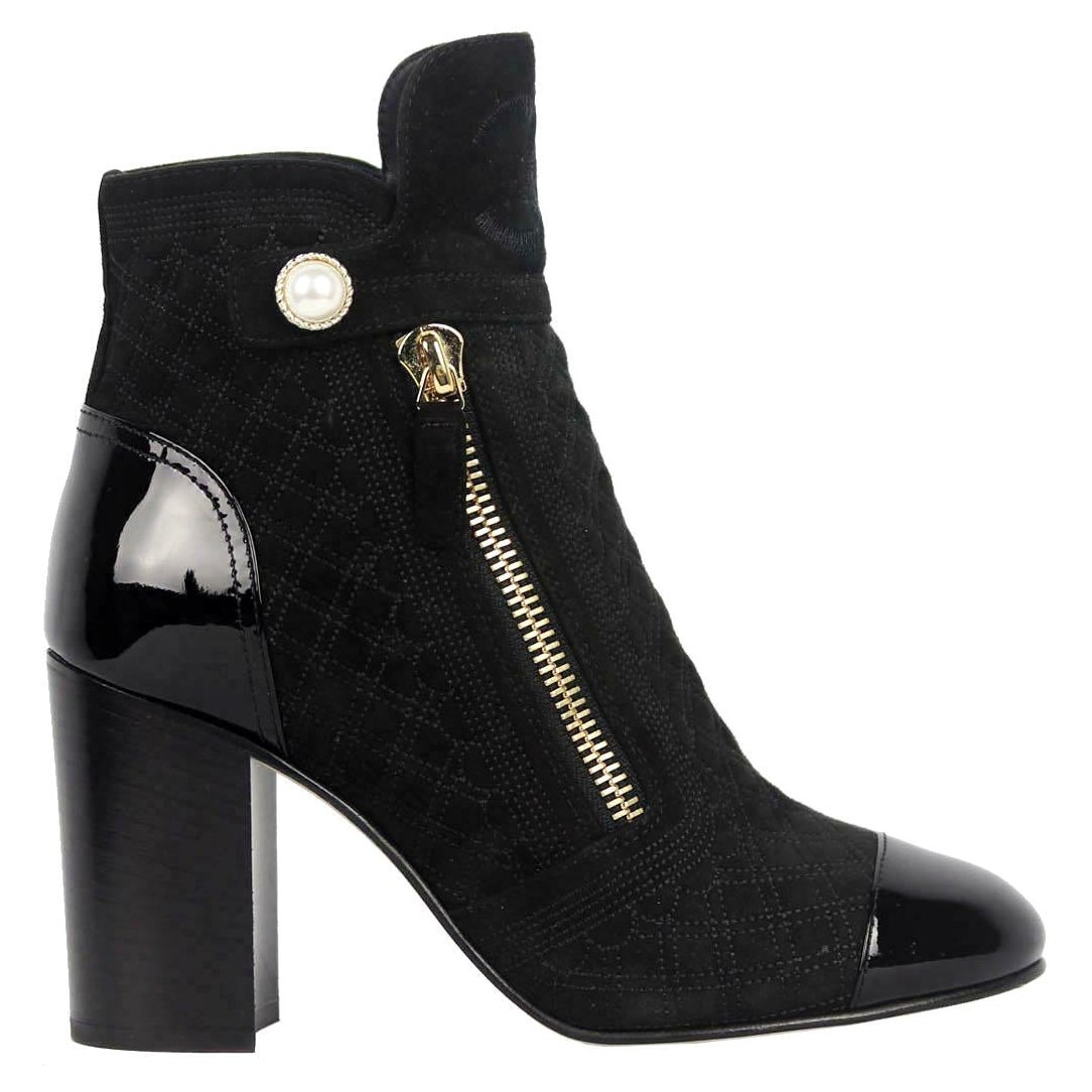 Chanel CC Patent Leather Trimmed Quilted Suede Ankle Boots