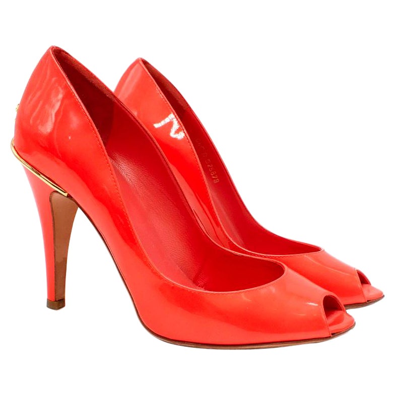 Chanel Coral Patent Leather Open Toe Pumps US 6.5 For Sale at 1stDibs