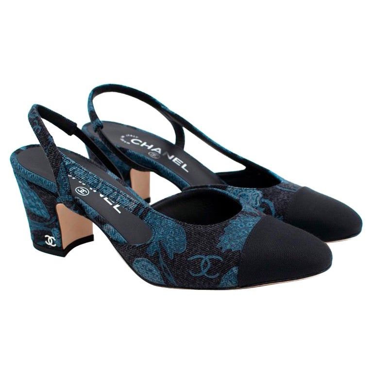 Chanel Black and Blue Denim Block Heel Slingback Pumps US 6.5