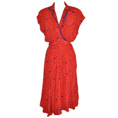 Silk Studio Bold Red & Navy "Floral Boutique" Silk Swing Dress with Tie Belt