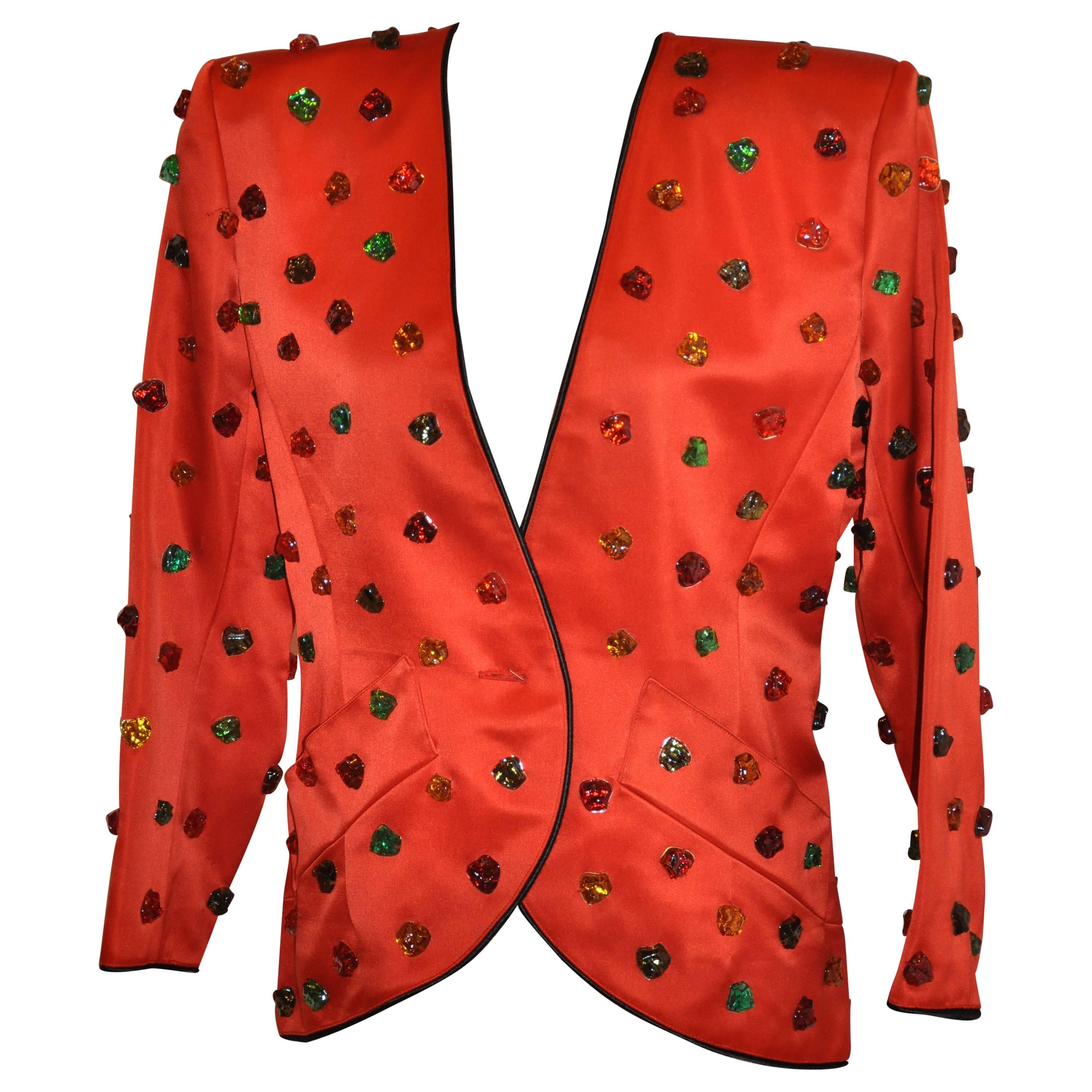Rare Yves Saint Laurent Embellished "Pour Glass" Stud Red Silk Cocktail Blazer For Sale