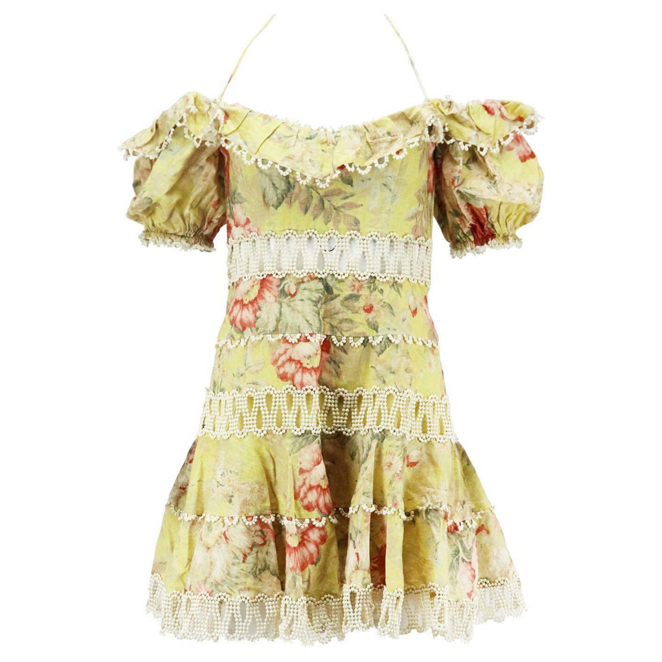 Zimmermann Jaya Wave Crochet Trimmed Floral Print Linen Blend Mini Dress