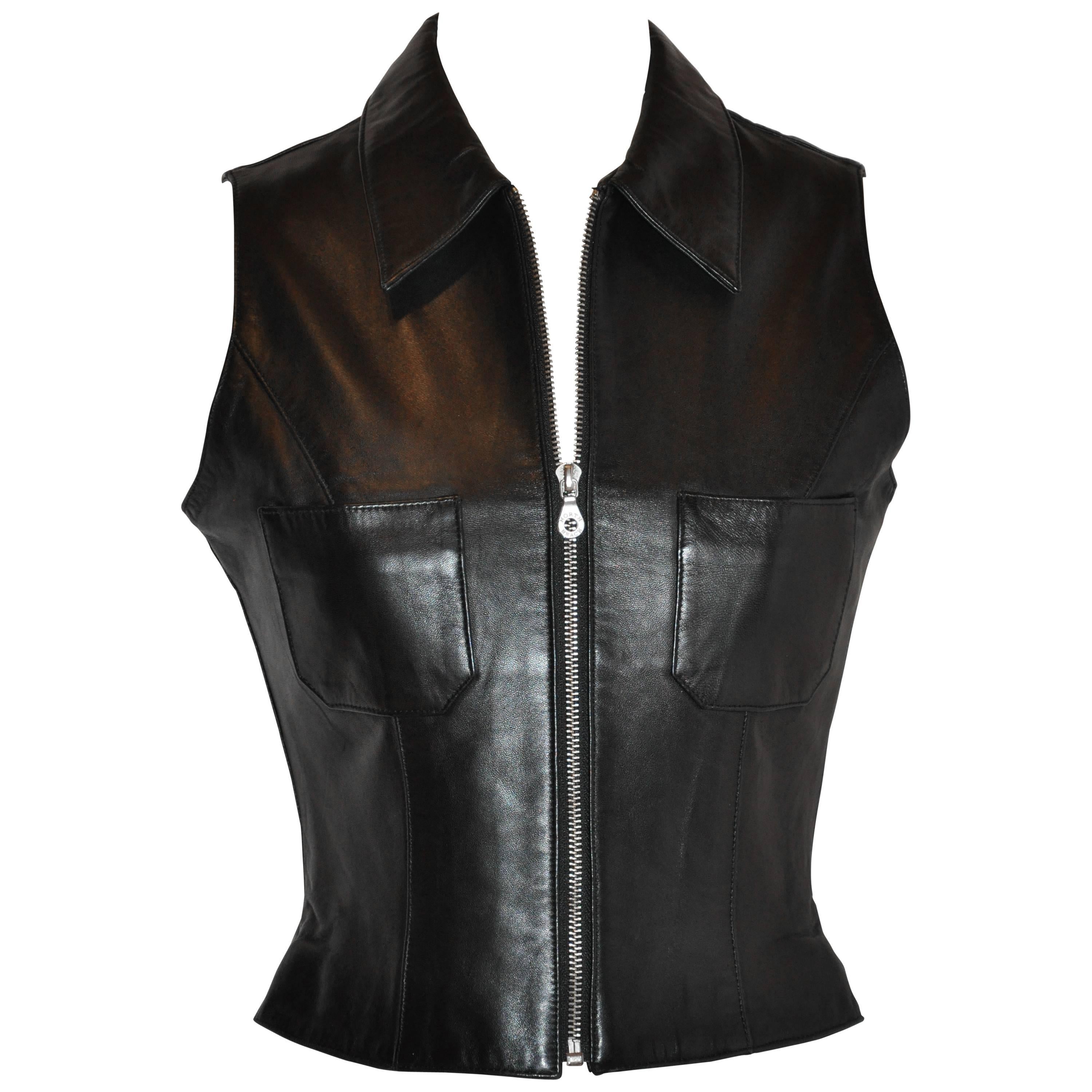 Michael Hoban/North Beach Leather Black Lambskin Zipper Vest Top