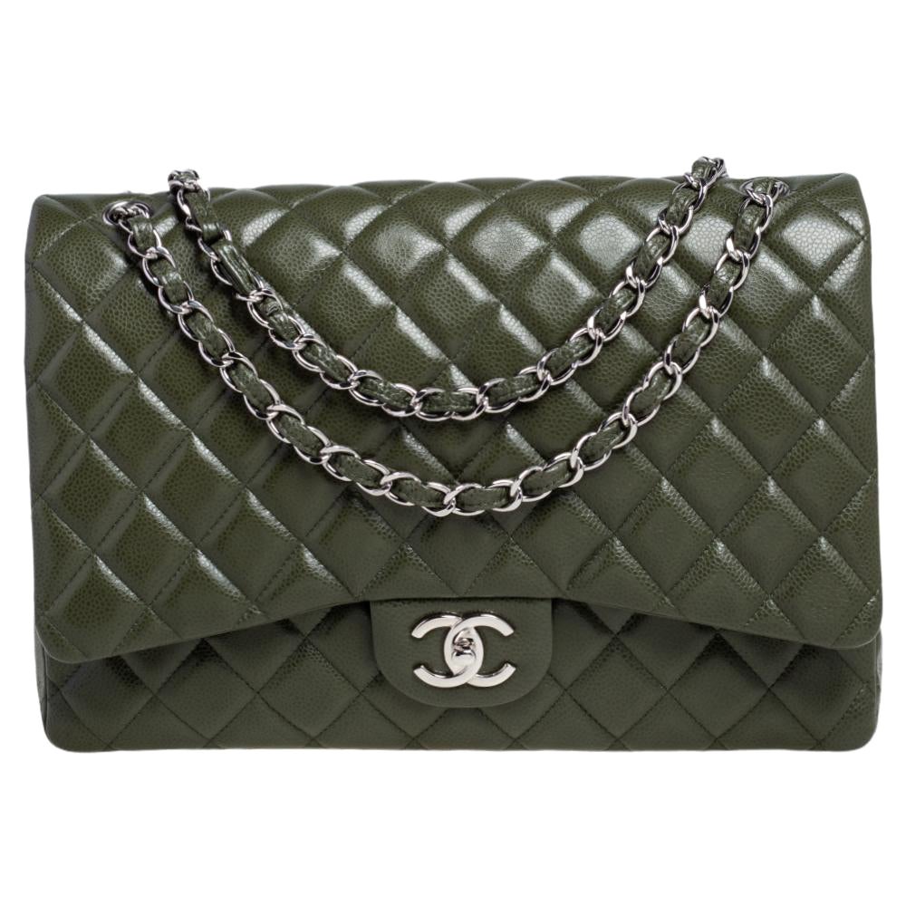 Chanel Green Quilted Caviar Leather Maxi Classic Double Flap Bag