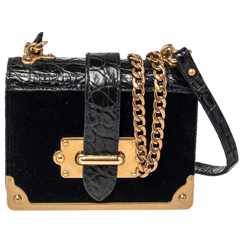 Prada Black Velvet and Croc Embossed Leather Micro Cahier Crossbody Bag at  1stDibs