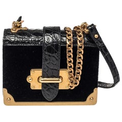 Prada Black Velvet and Croc Embossed Leather Micro Cahier Crossbody Bag
