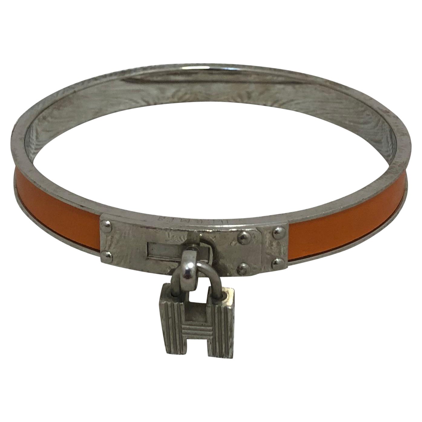 Hermes Kelly H Lock Bangle in Palladium and Leather w/Pouch