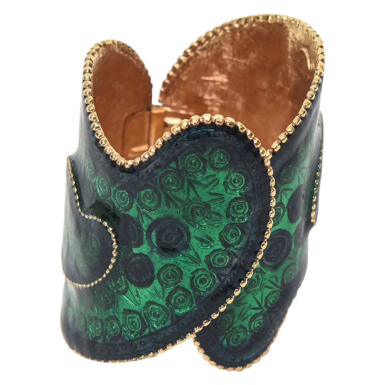 Robert Signed Vintage Wide Guilloche Green, Blue And Gold Enameled Cuff Bracelet
