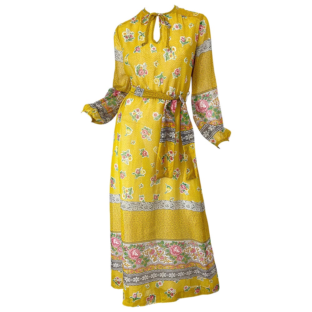 1970s Gay Gibson Trompe L’Oeil Lace Print Yellow Cotton Voile 70s Maxi Dress