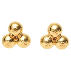 Vintage Chanel Signed 3 Logo CC Cluster Ball Sphere Clip on Gold Plated Earrings 90's