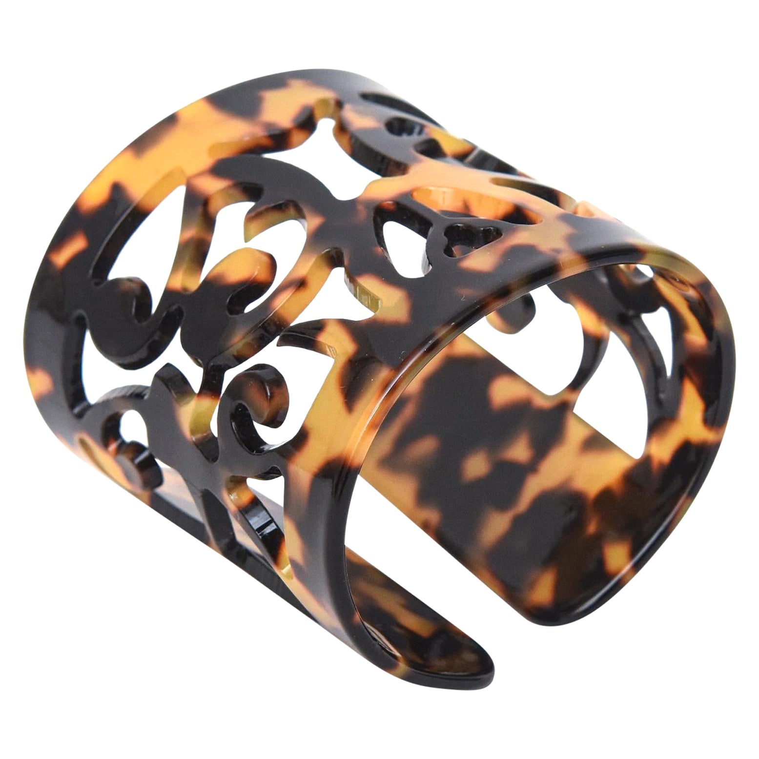 Faux Tortoise Shell Resin Wide Cuff Cut Out Bracelet For Sale