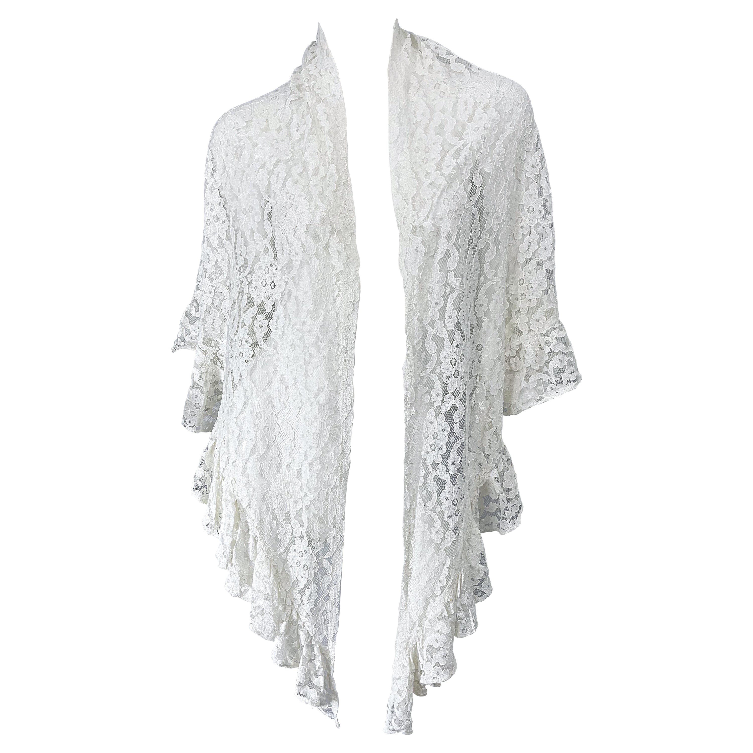 1970s Charm of Hollywood White Lace Rayon Vintage 70s Large Piano Shawl