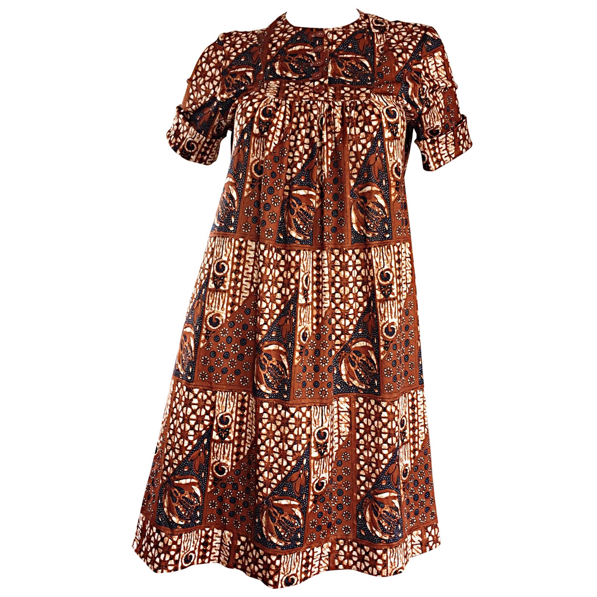 1960s Joseph Magnin Vintage Tribal Print Ethnic A - Line Trapeze Babydoll Dress