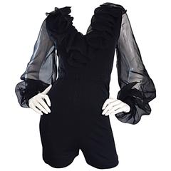Mollie Parnis Vintage 70s Black Jersey Playsuit Romper w/ Poet Chiffon Sleeves 11