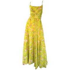 Amazing 1970s Joseph Magnin Chartreuse Green Chiffon 70s Vintage Maxi Dress Gown