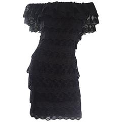 Retro Tadashi Shoji 1990s 90s Black Lace Off - Shoulder Cocktail Dress LBD 