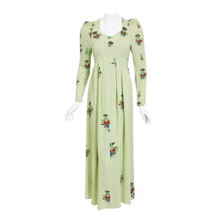 Retro 1970 Ossie Clark Sage-Green Crepe Celia Birtwell Floral Print Maxi Dress