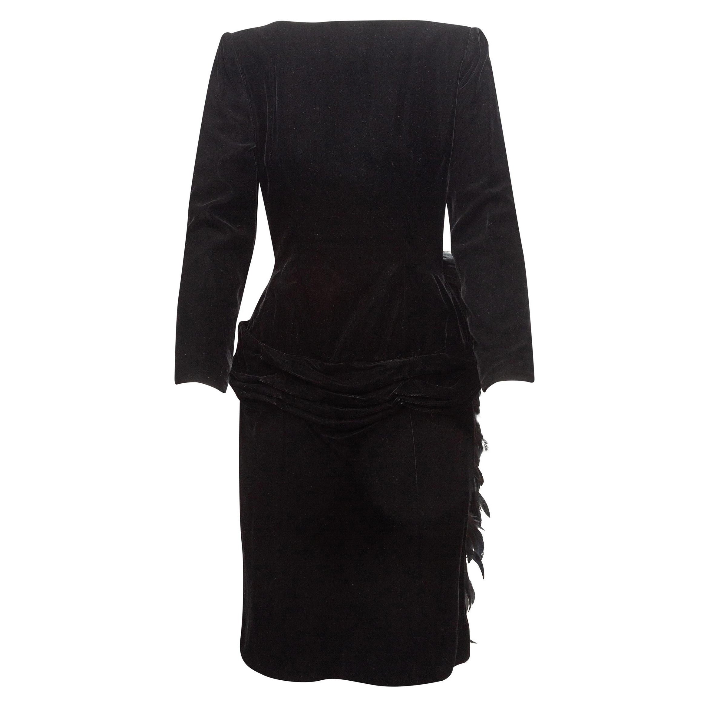 Oscar de la Renta Black Velvet Feather-Accented Dress