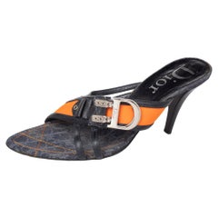 Dior Dark Blue Leather And Trotter Fabric Trim Buckle Detail Cross Strap Sandals