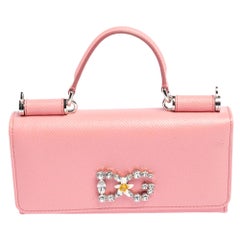 Dolce & Gabbana Pink Leather Miss Sicily Von Crystal Embellished Wallet On Chain