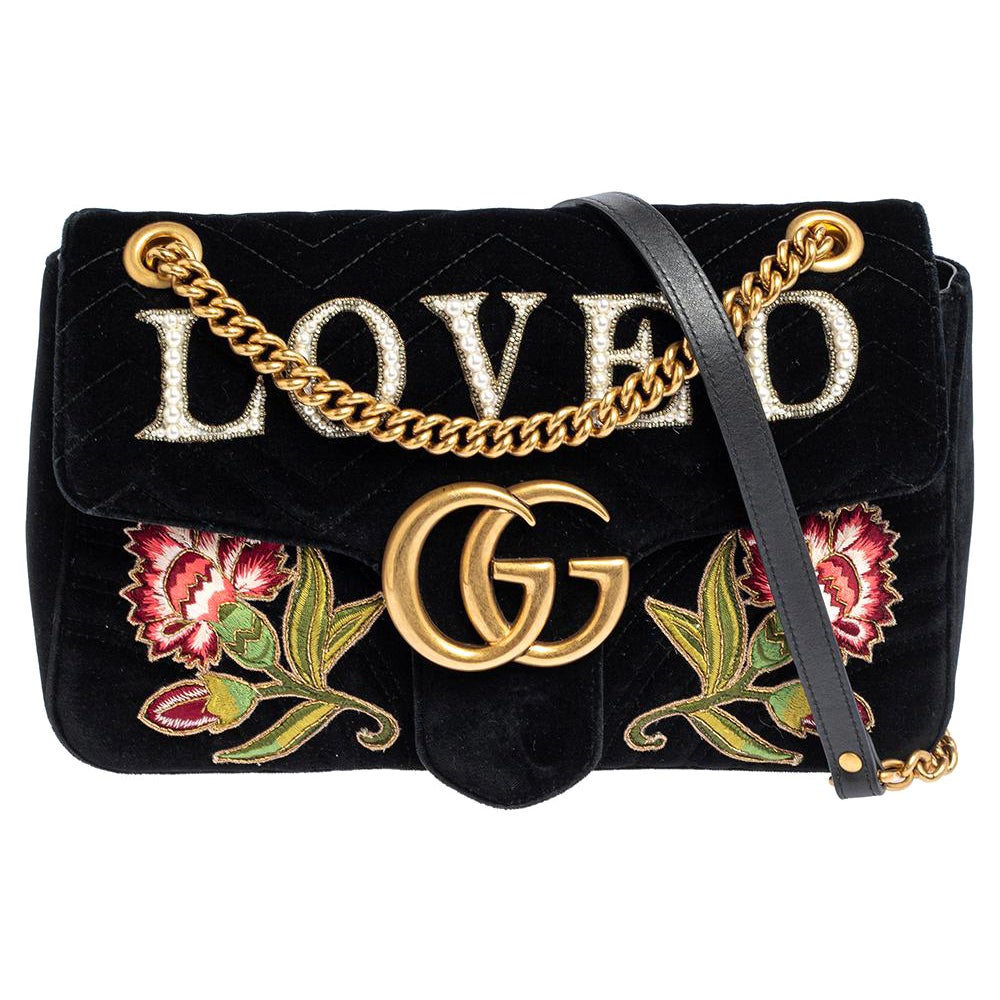 Gucci Black Love Embroidered Matelassé Velvet Medium GG Marmont Shoulder Bag