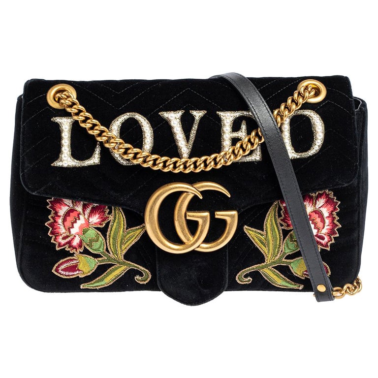 Gucci Black Love Embroidered Matelassé Velvet Medium GG Marmont Shoulder  Bag at 1stDibs | gucci love bag, gucci loved bag, loved gucci bag