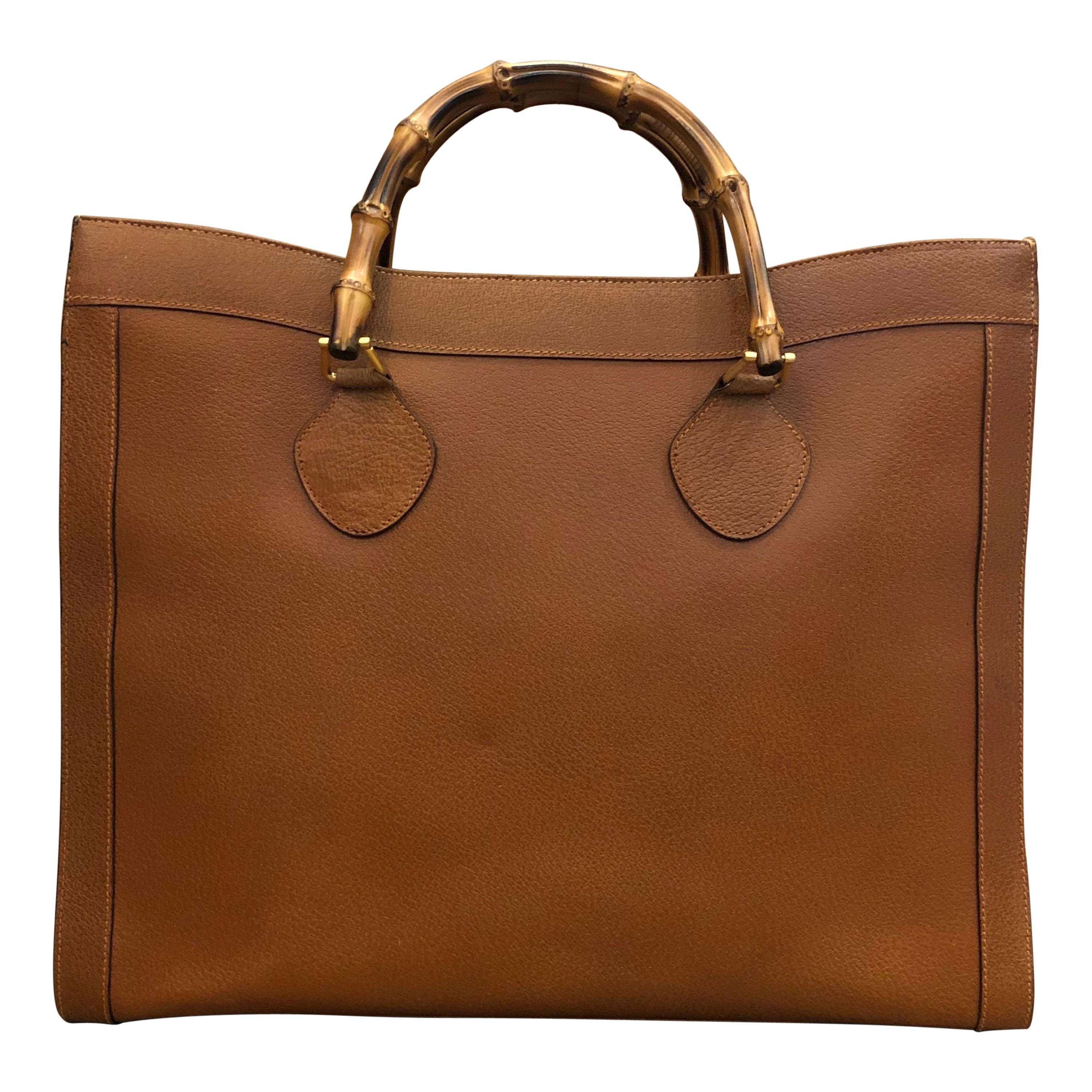 1990s GUCCI Brown Leather Bamboo Tote Princess Diana (Large Size)