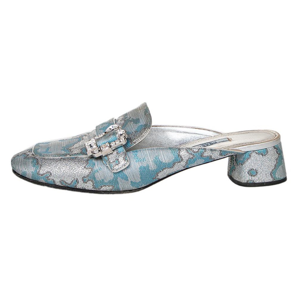 Prada  Brocade Fabric And Leather Crystal Buckle Mules Sandals Size 39