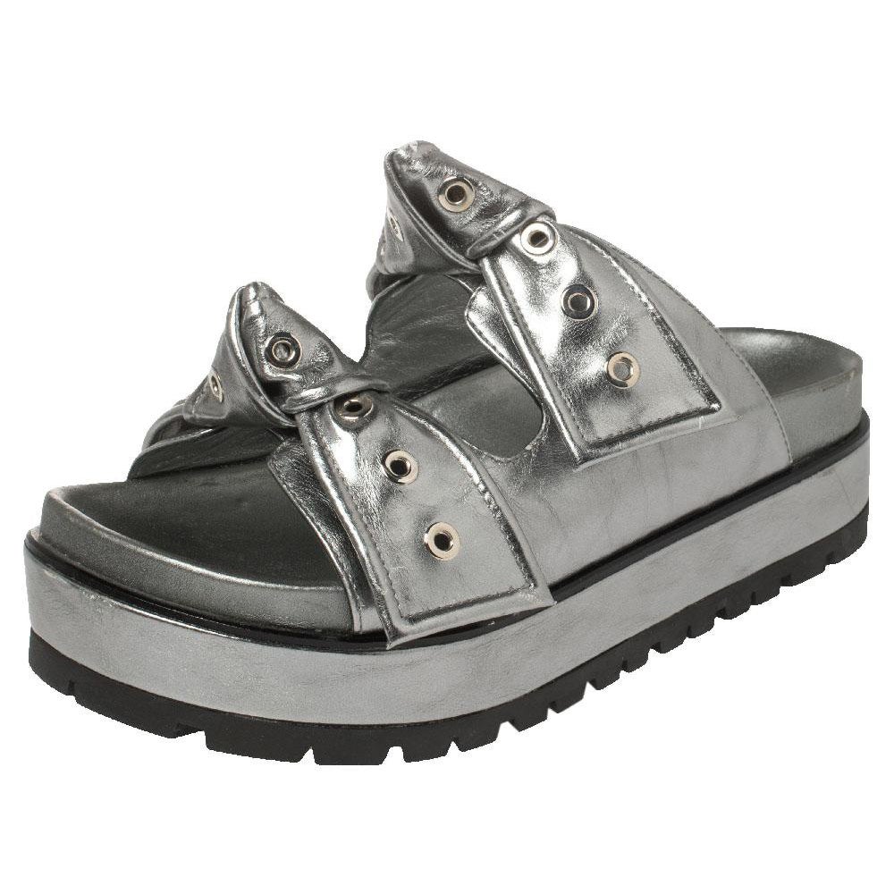 Alexander McQueen Metallic Grey Birkenstock Rivet Bow Tie Slide Sandals Size 37
