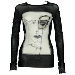 Jean Paul Gaultier Vintage Embroidered Portrait and Eye Applique Mesh Top M