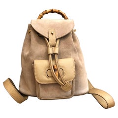 1990s Vintage GUCCI Beige Suede Mini Bamboo Backpack Bag