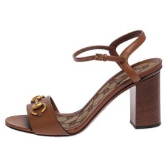 Gucci Brown Leather Horsebit Ankle Strap Open Toe Block Heel Sandals Size 38.5