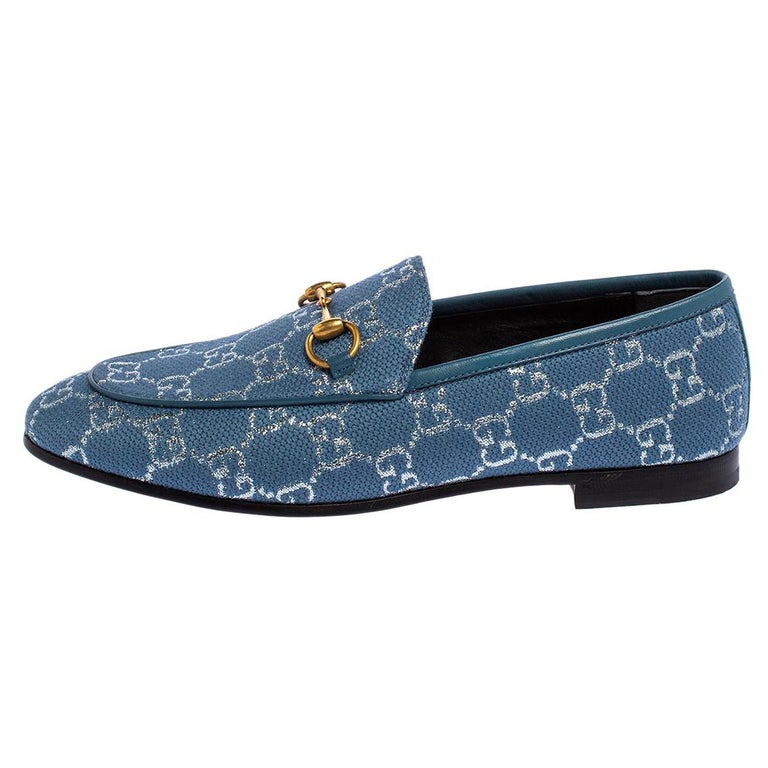Gucci Blue/Silver Lame Fabric Horsebit Jordaan Slip On Loafers Size 37 at  1stDibs