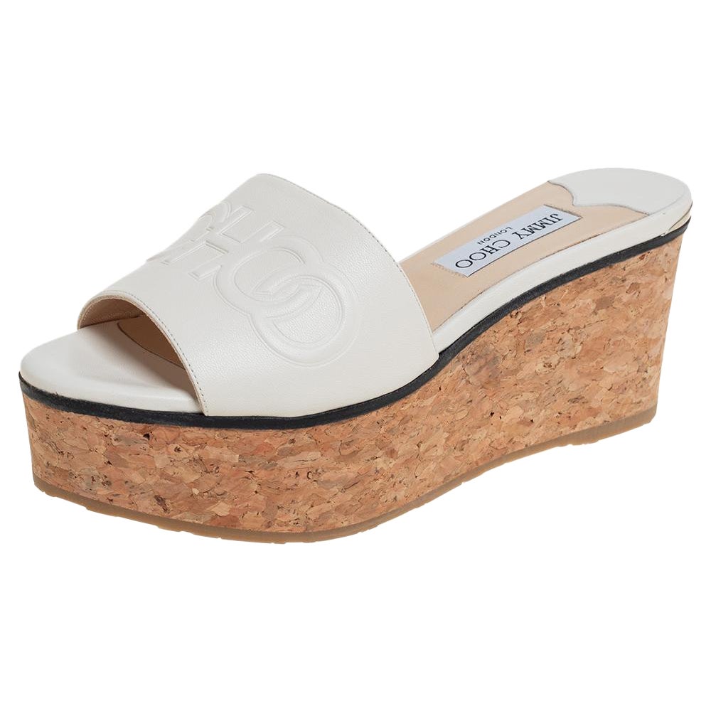 Jimmy Choo White Leather Deedee Cork Wedge Slide Sandals Size 38.5