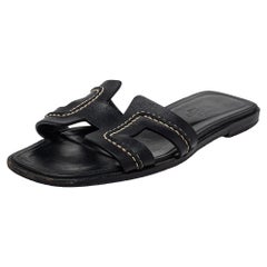 Hermes Black Leather Oran Stitched Flat Slide Size 35.5