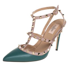 Valentino Teal Green/Beige Rockstud Pointed Toe Ankle Strap Sandals Size 41