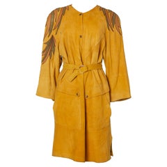80er Wildlederkleid mit Wildleder-Applikation Claude Montana pour Ideal Cuir SS1981