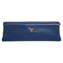 Prada Blaue Saffiano Leder Ost-West Rahmen Clutch