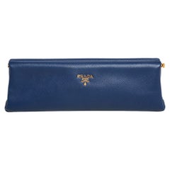 Prada Blue Saffiano Leather East-West Frame Clutch