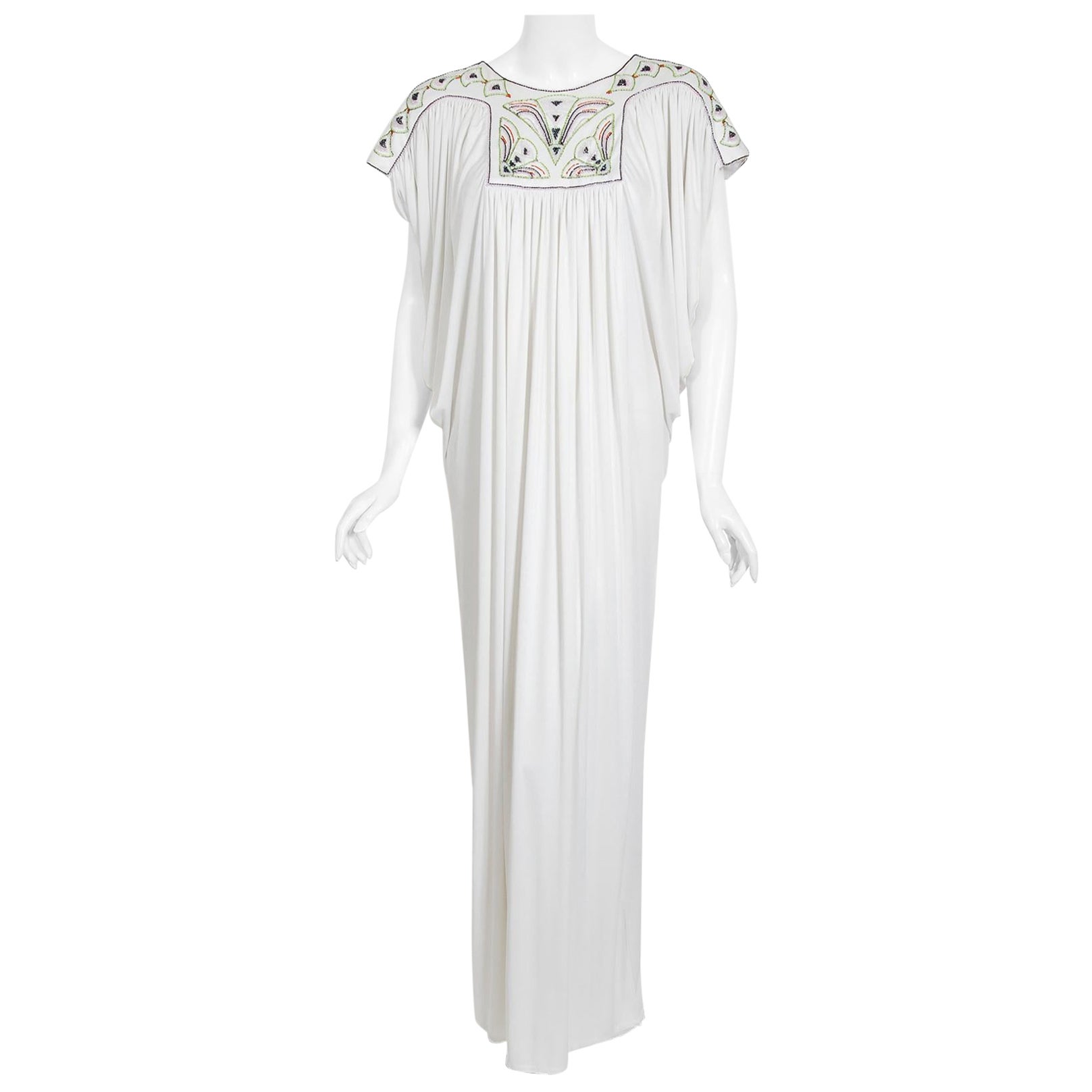 Vintage 1975 Bill Gibb Documented Beaded White Jersey Draped Goddess Caftan Gown
