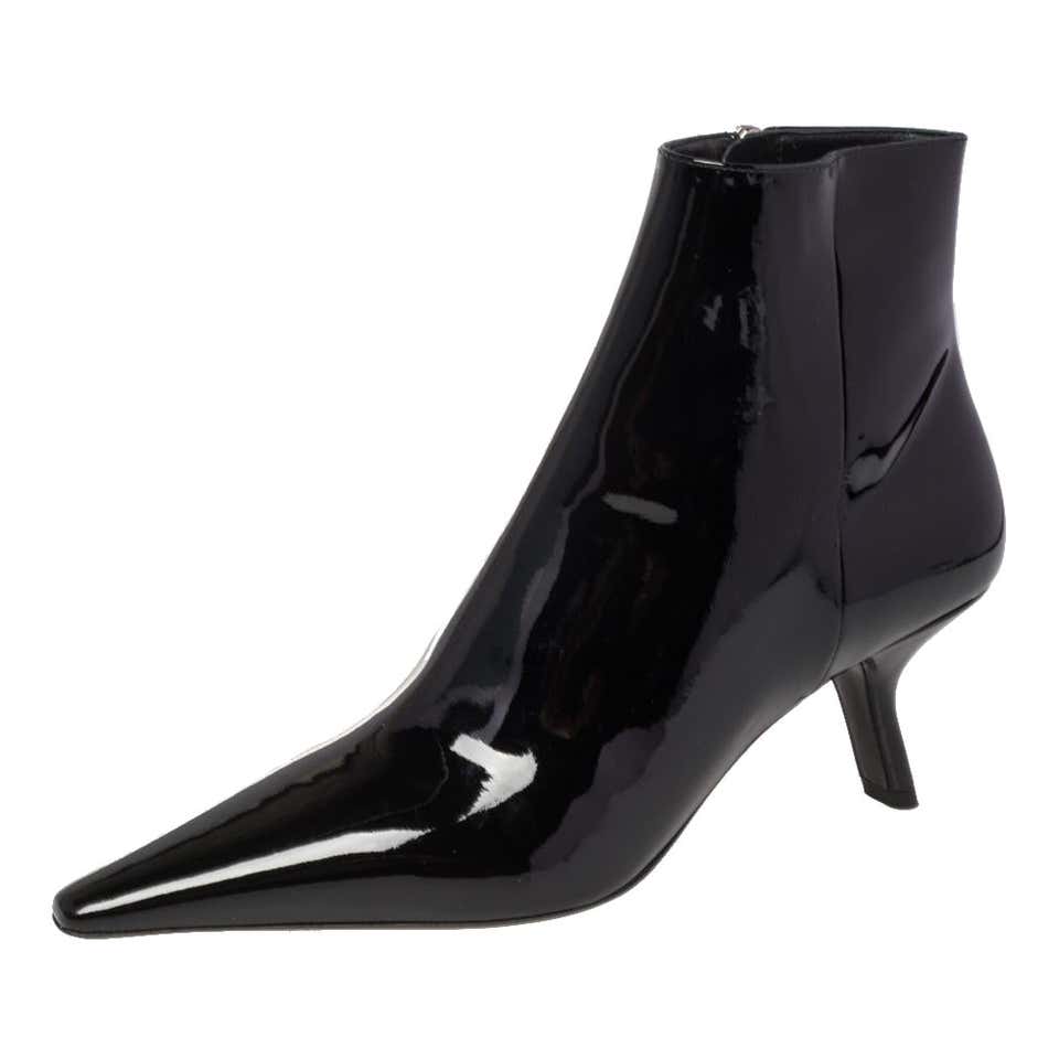 Prada Black Patent Leather Slanted Heel Pointed Toe Ankle Boots Size 38 ...