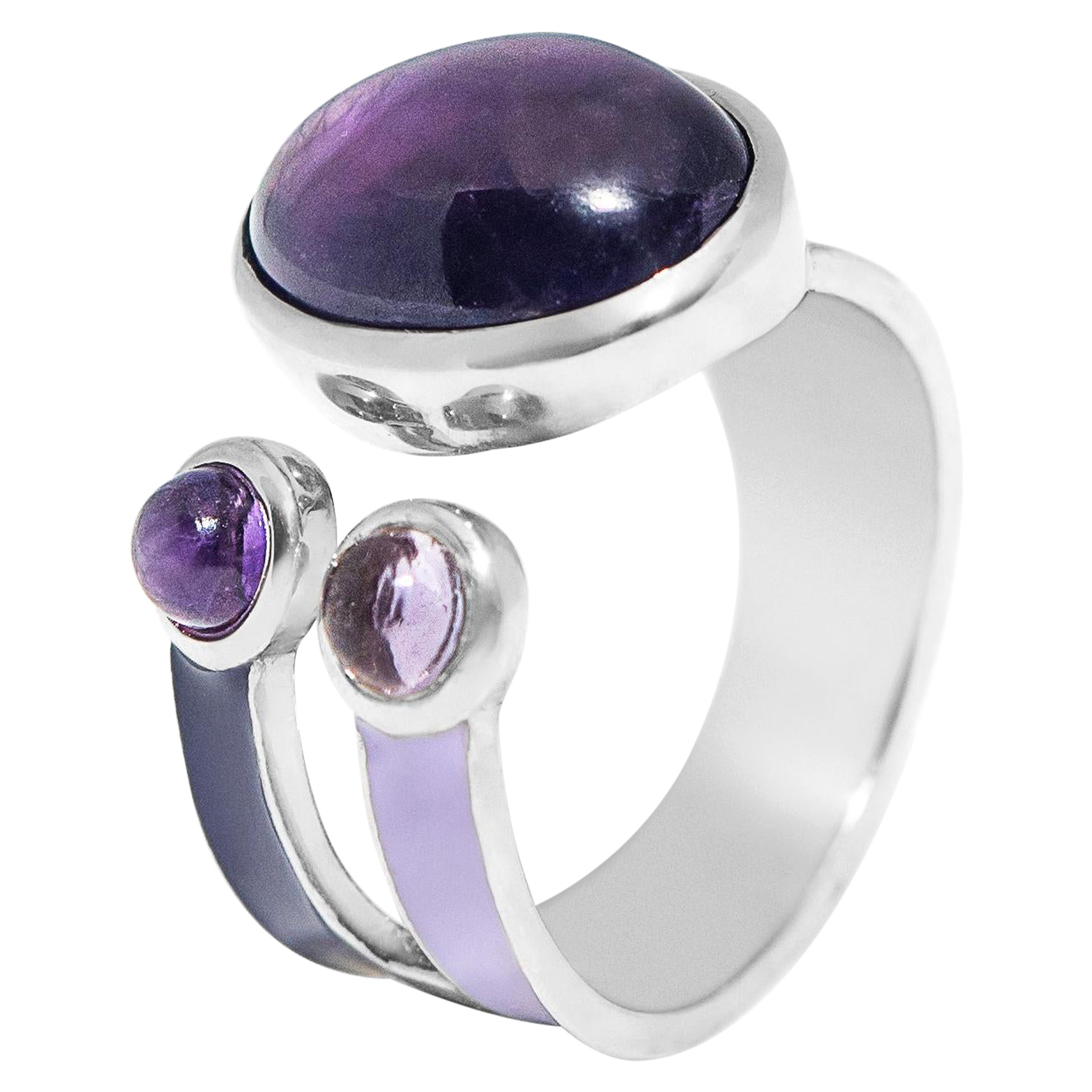 Contemporary Ring in Purple Enamel on Silver with Amethyst and Tourmalines For Sale