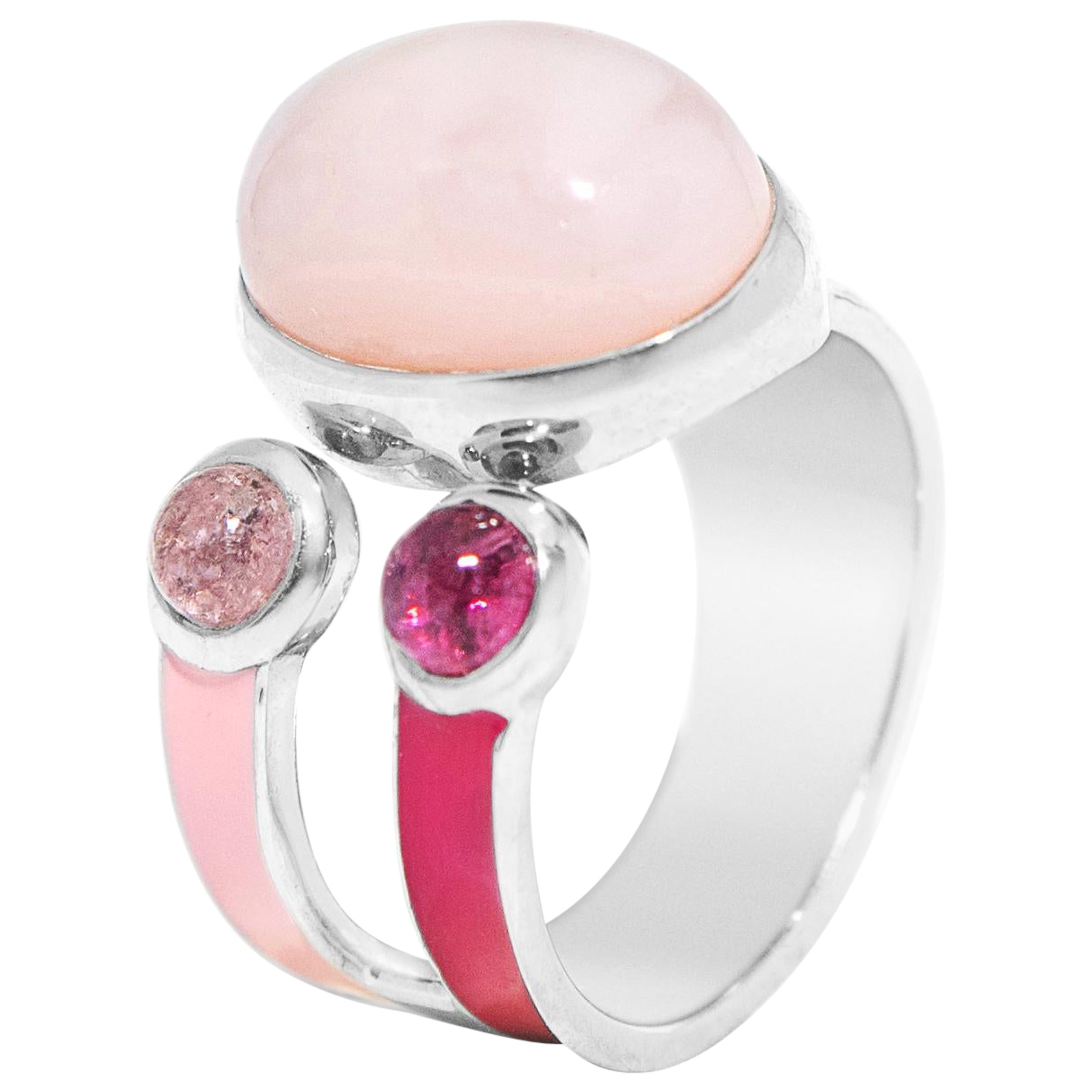 Contemporary Ring in Pink Enamel on Sterling Silver with Agate and Tourmalines For Sale