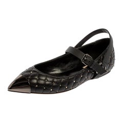 Valentino Black Quilted Rockstud Metal Cap Toe Ballerina Flat Sandals Size 38