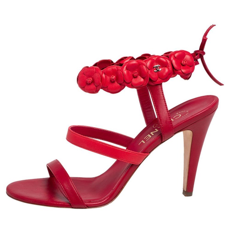 Chanel Red Leather Camellia Appliqué Ankle Strap Sandals Size  at  1stDibs