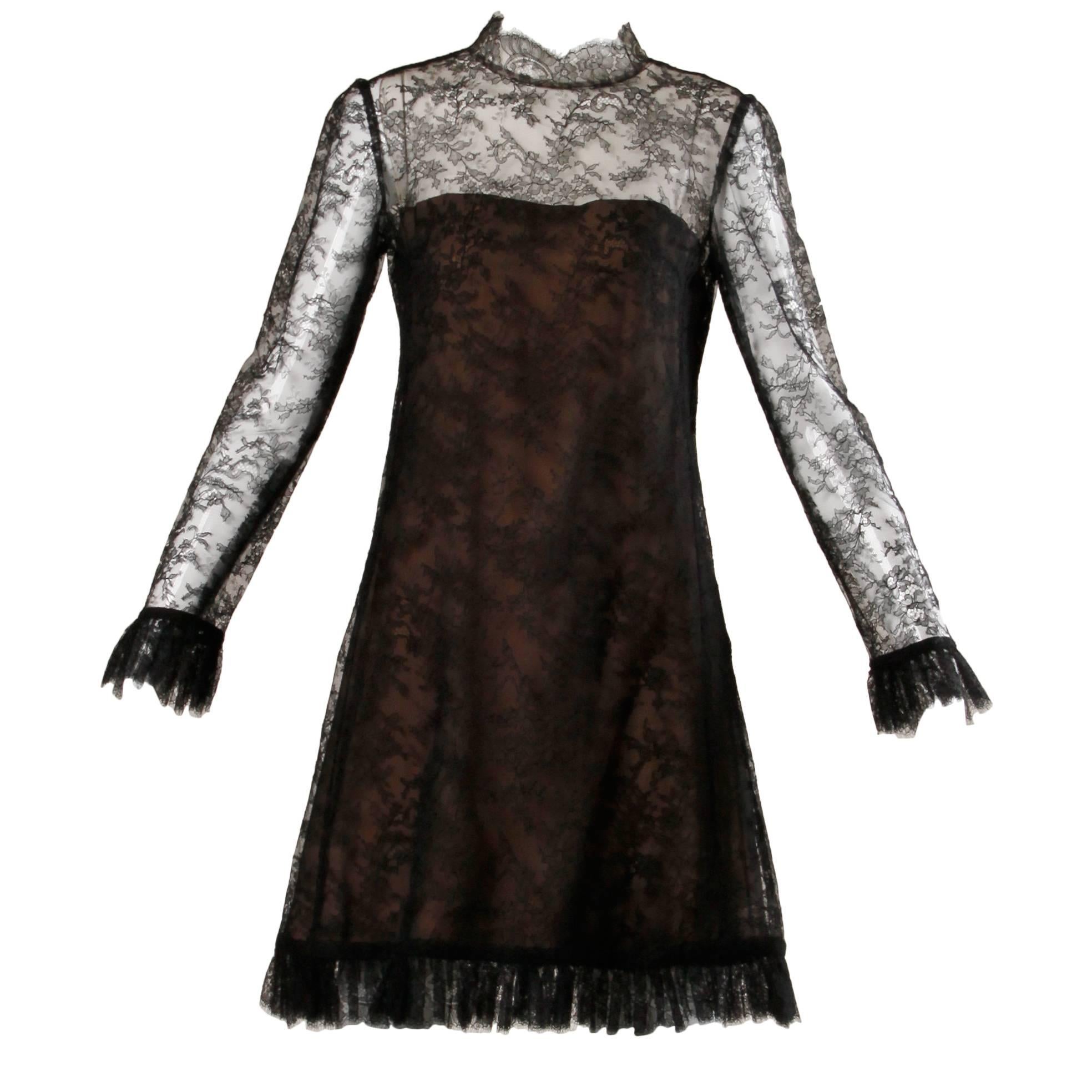 1960s Vintage Brown + Black Nude Illusion Chantilly Lace Cocktail Dress